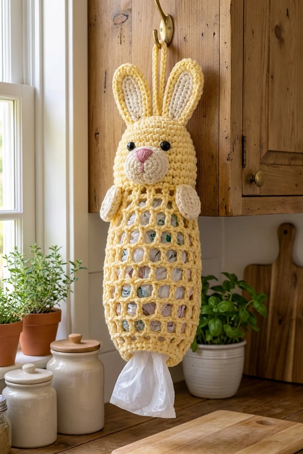 Crocheted yellow and cream bunny tissue holder hanging on wooden wall in rustic kitchen with potted plants and ceramic jars.