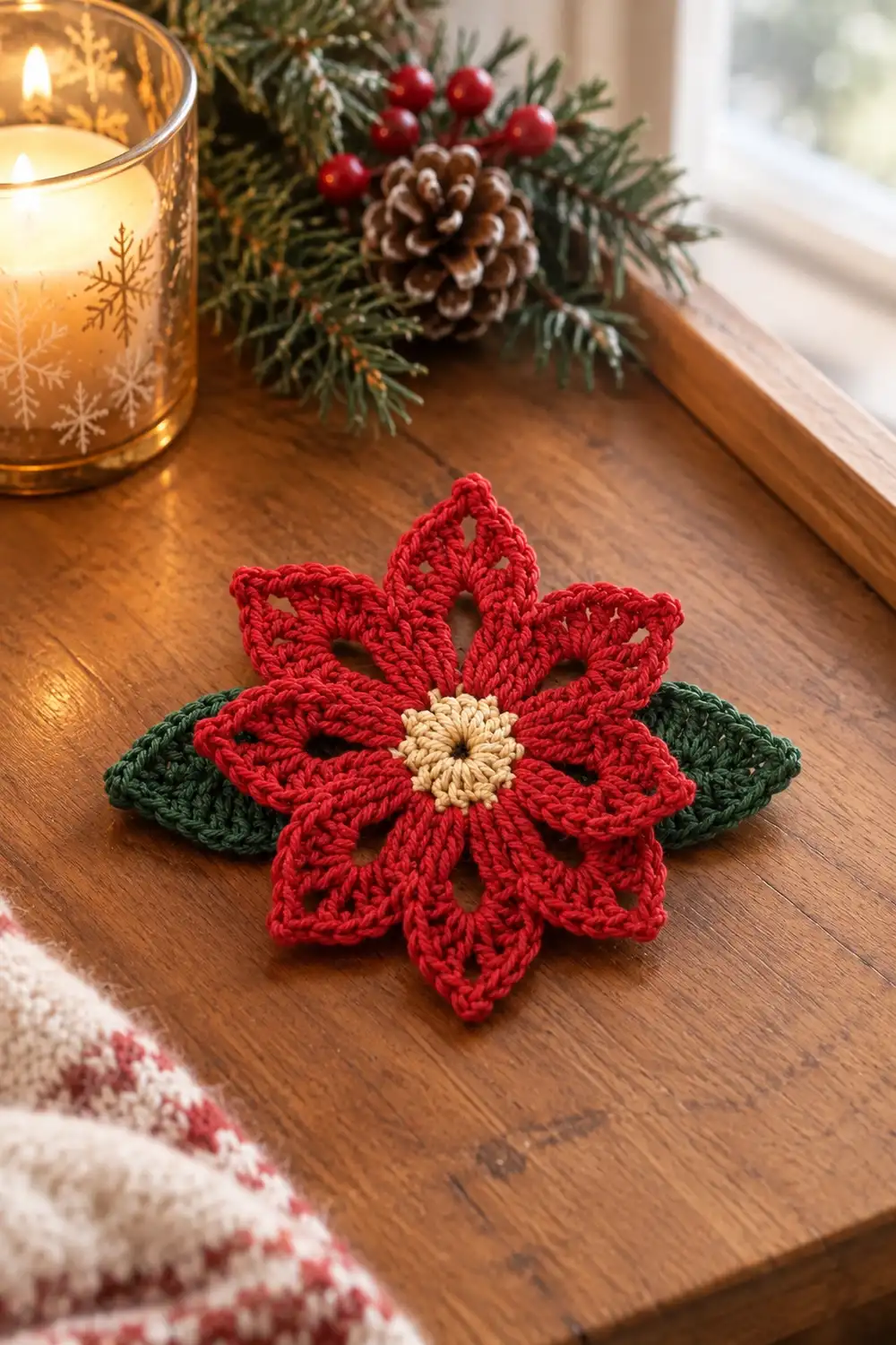 A red crocheted poinsettia flower with green leaves displayed on a wooden surface near holiday decorations and a lit candle.
