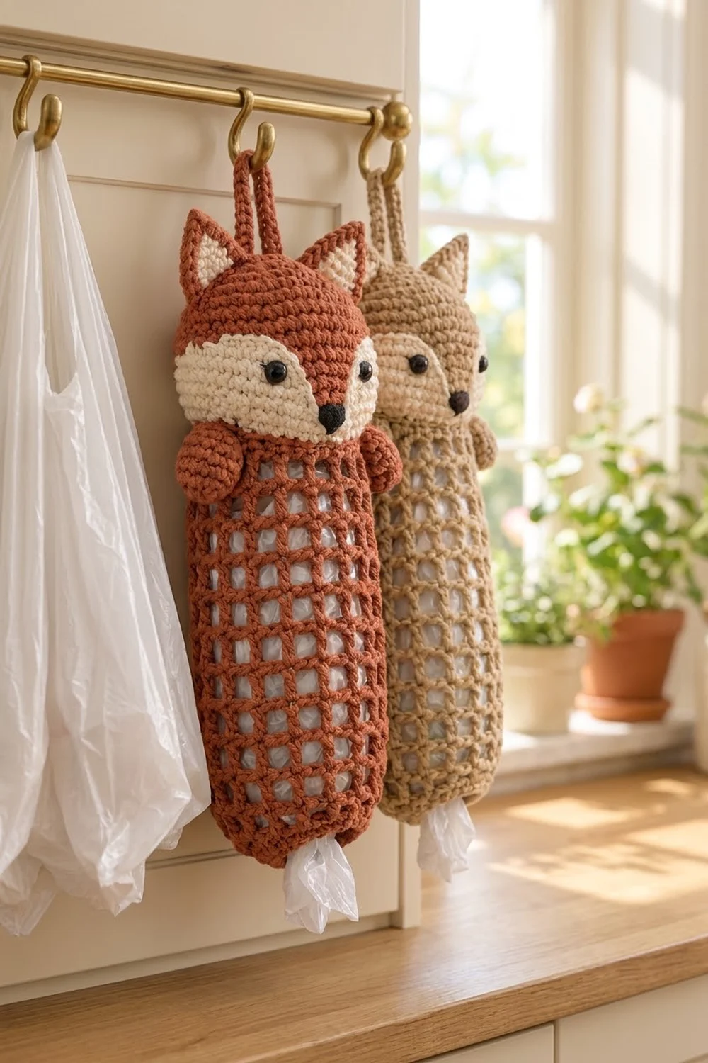 Crocheted fox pouches in rust and tan hang from a brass rod by a sunny window with plants.