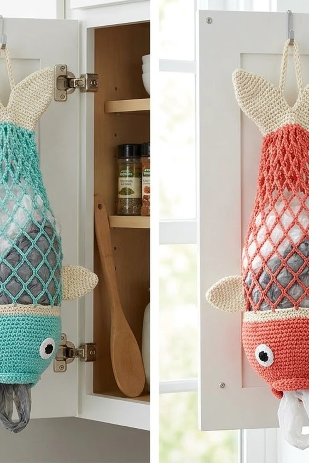Two crocheted fish-shaped storage bags in turquoise and coral with cream tops hang from white kitchen cabinet doors.