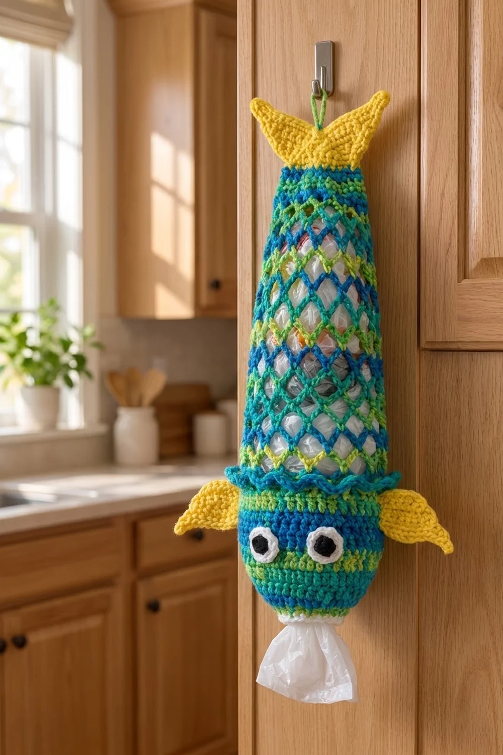 Crocheted pineapple with yellow crown and blue-green latticed body serves as a plastic bag holder on kitchen cabinet.