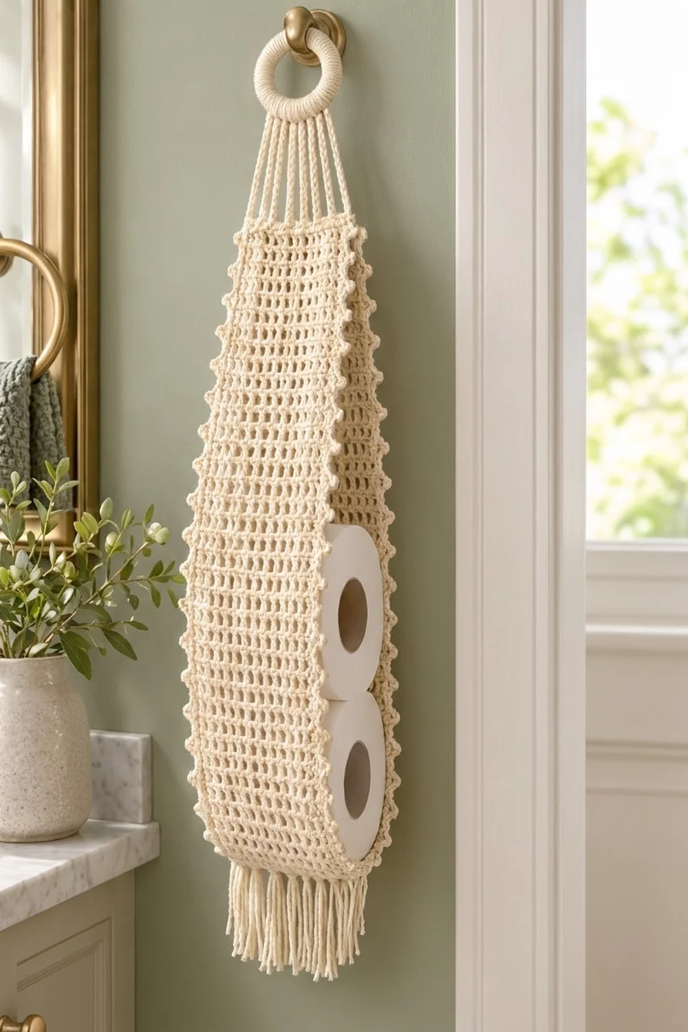 Cream crochet toilet paper holder with openwork pattern hanging on a sage green bathroom wall.