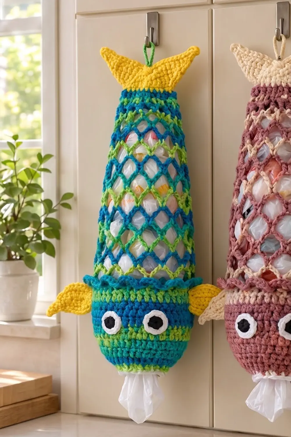 Crocheted fish ornaments with yellow crowns and diamond-patterned bodies hanging from hooks on a cream cabinet.