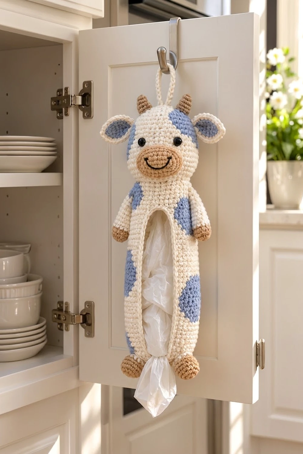 A crocheted cow-shaped tissue dispenser in cream, blue, and tan hanging on a kitchen cabinet door.