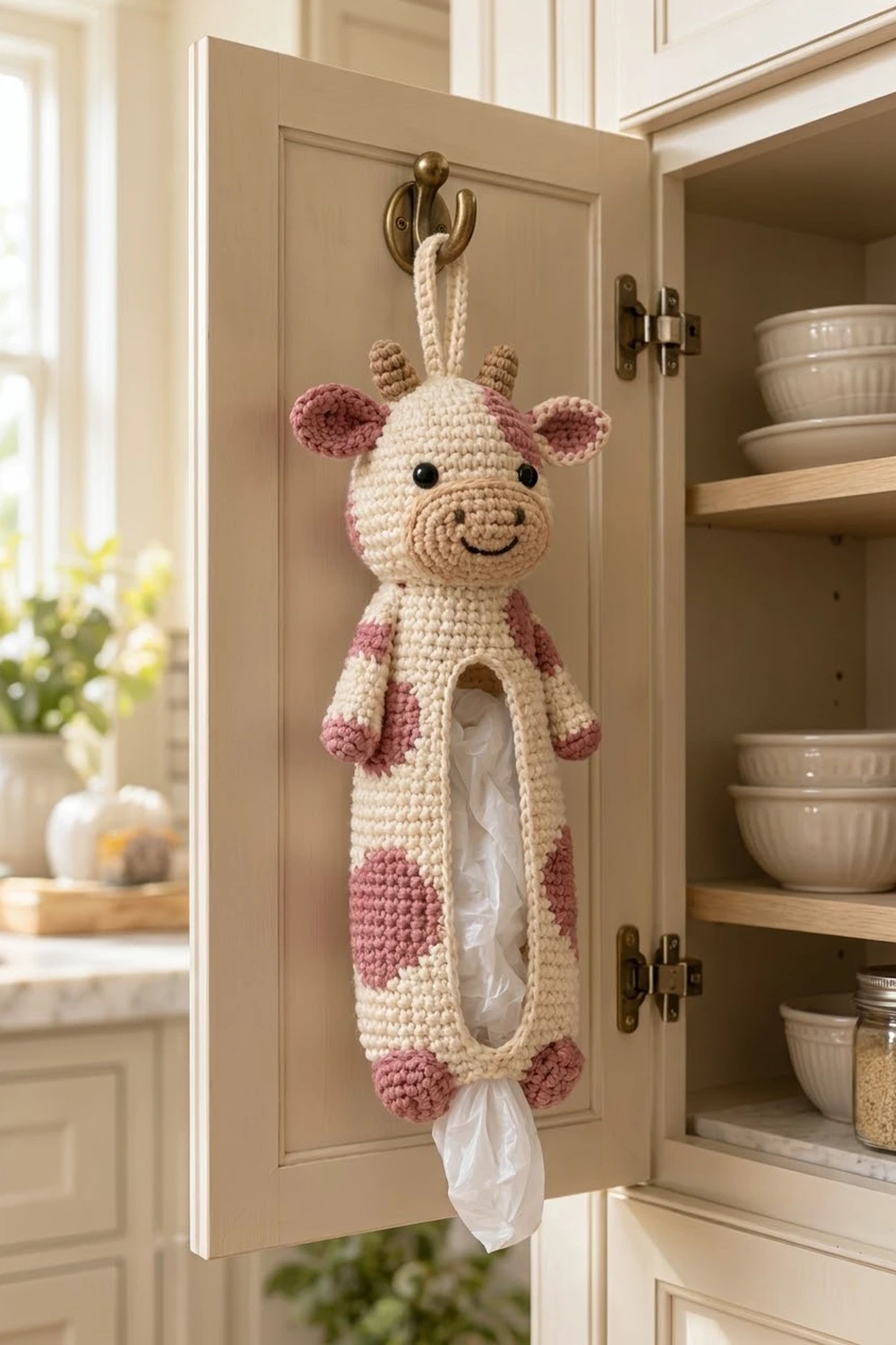 Cream and rose-striped crocheted cow tissue dispenser hanging from a brass hook on a kitchen cabinet door.