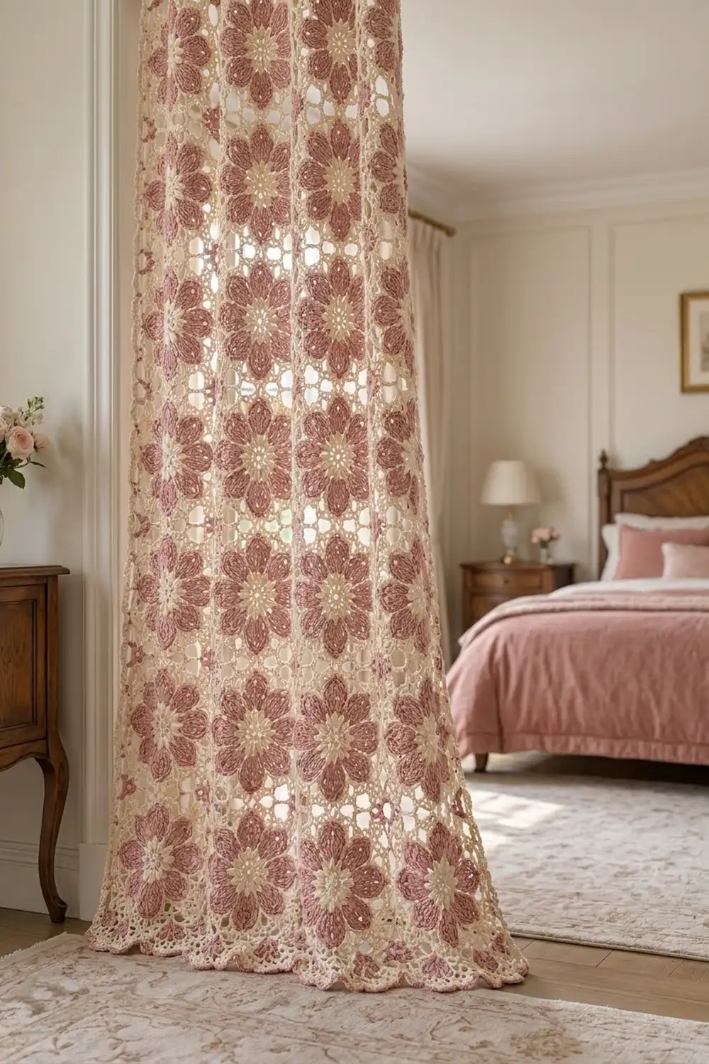 Cream lace curtain with mauve floral motifs hanging in a traditional bedroom beside a wooden dresser and pink bedding.