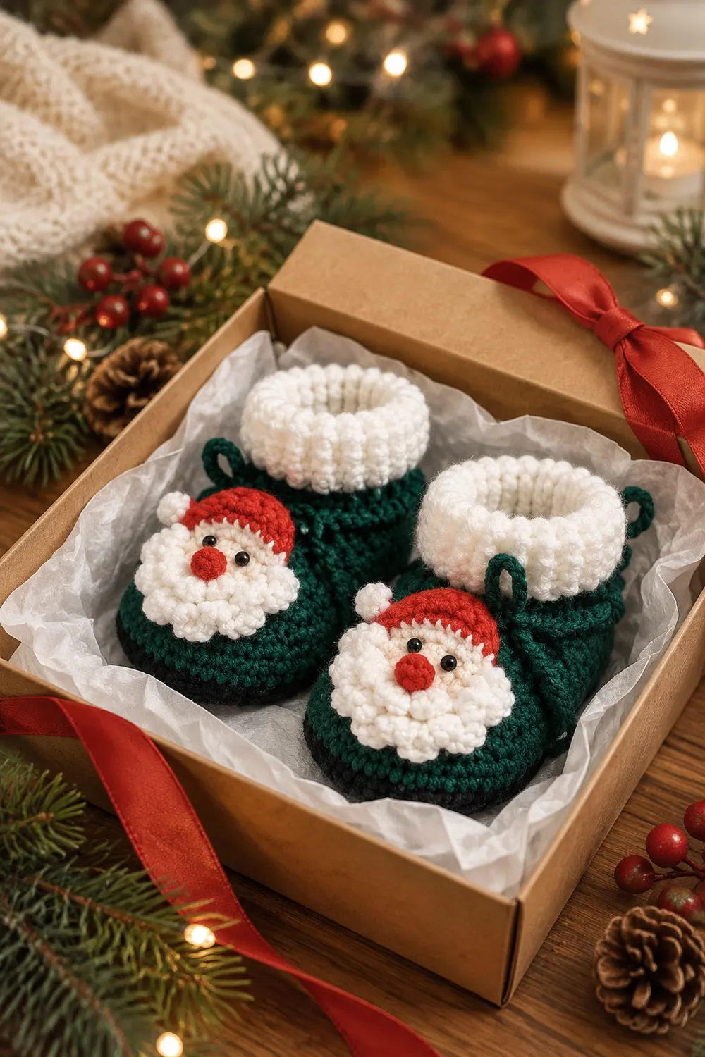 A cardboard gift box contains four crocheted Santa slippers with green bodies, white cuffs, and red hats, styled with Christmas decorations.