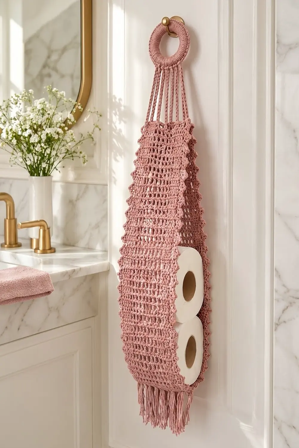Dusty rose crochet toilet paper holder with macramé top hanging in a modern marble bathroom with brass accents.