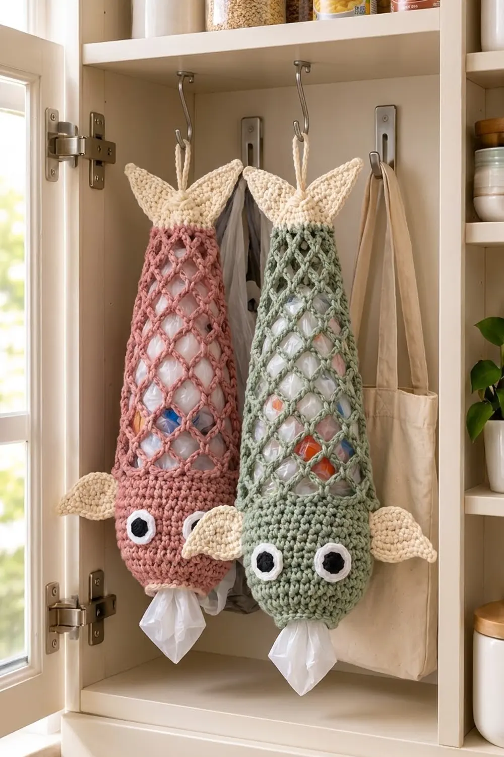 Two crocheted fish with cream tops and pink-green openwork bodies filled with beads hang with googly eyes in a cabinet.