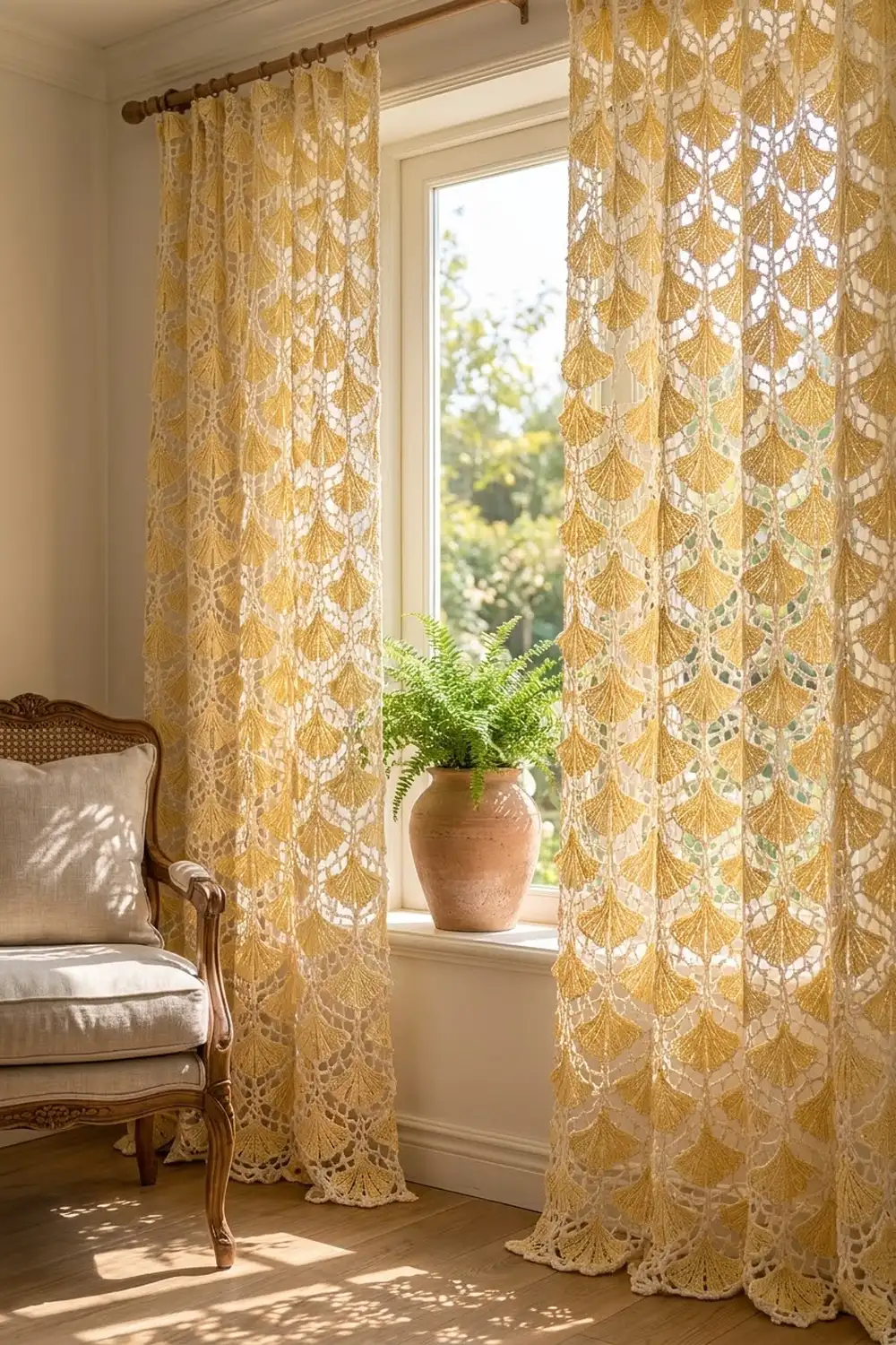 Pale yellow lace curtains with openwork pattern frame a sunny window with a potted fern and vintage upholstered chair.