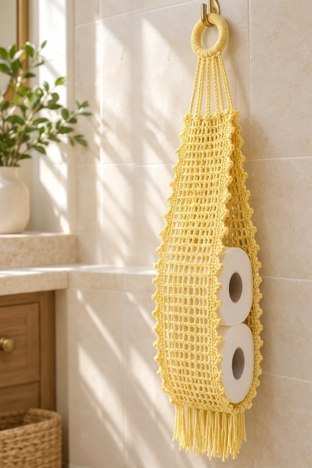 Yellow crocheted toilet paper dispenser with two rolls visible through the openwork, hung on a white wall with plants.