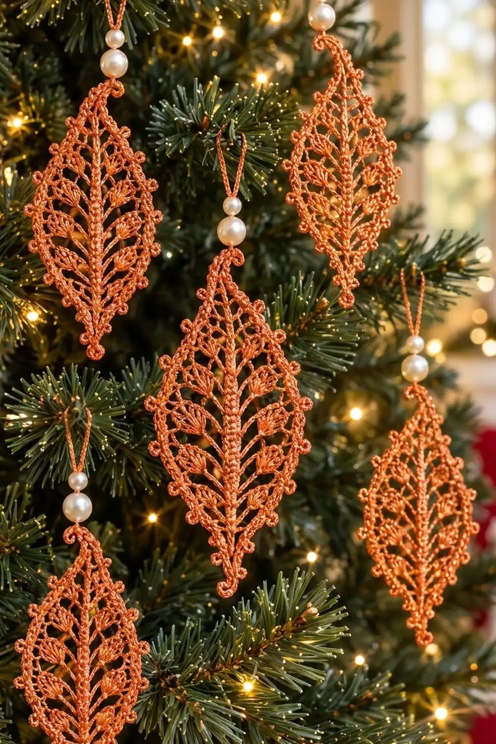 Crocheted leaf ornaments in rust tones with white pearl beads hanging on a Christmas tree.