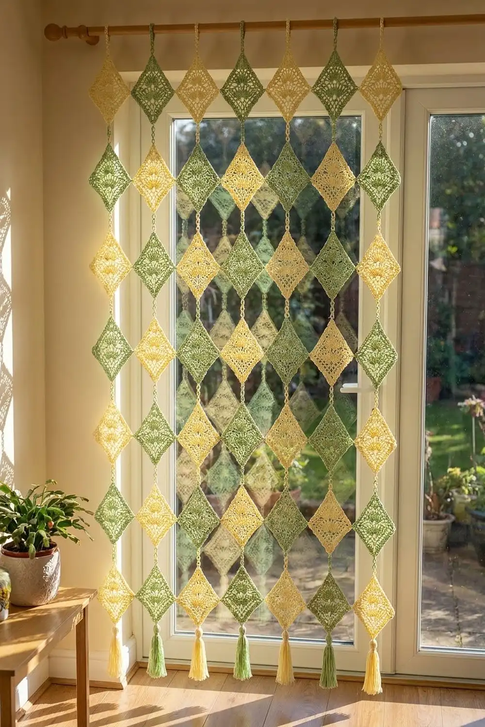 Crocheted garland of alternating yellow and green diamond-shaped elements with tassels hung across a glass patio door.