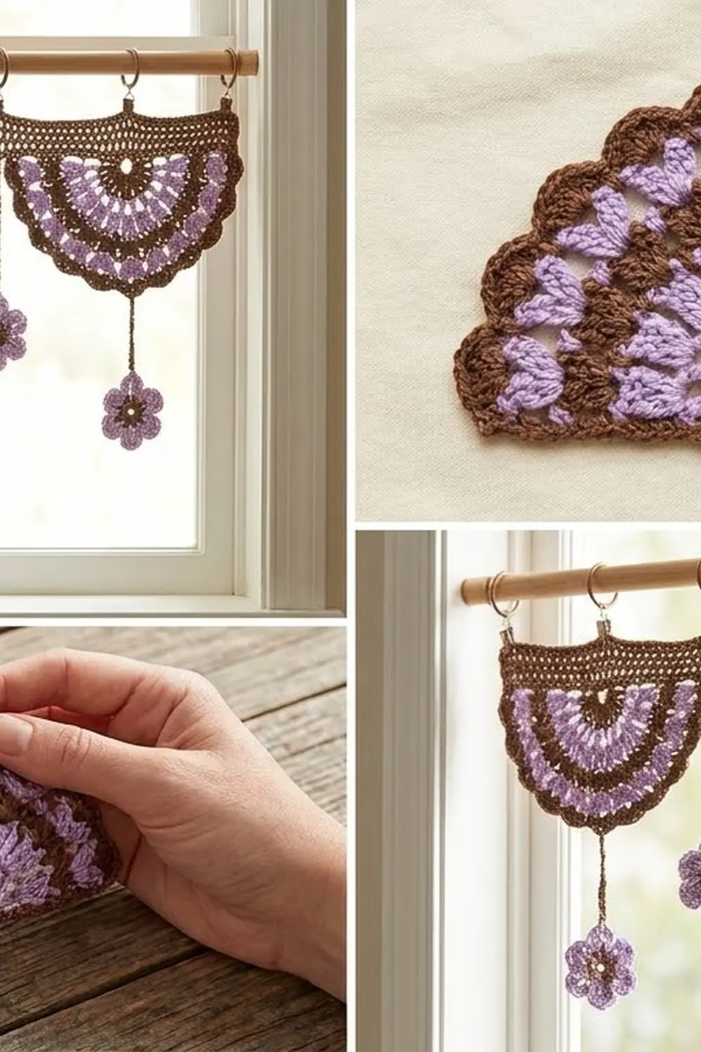 Brown crochet doily with purple fan-stitch accents hanging from wooden rod in bright, minimalist window interior.