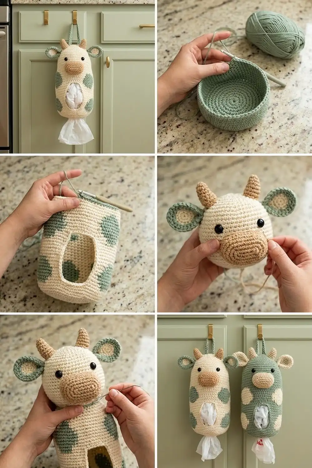 Handmade cream and sage crocheted cow tissue holder hanging on a pale green paneled door with white tissues dispensing.