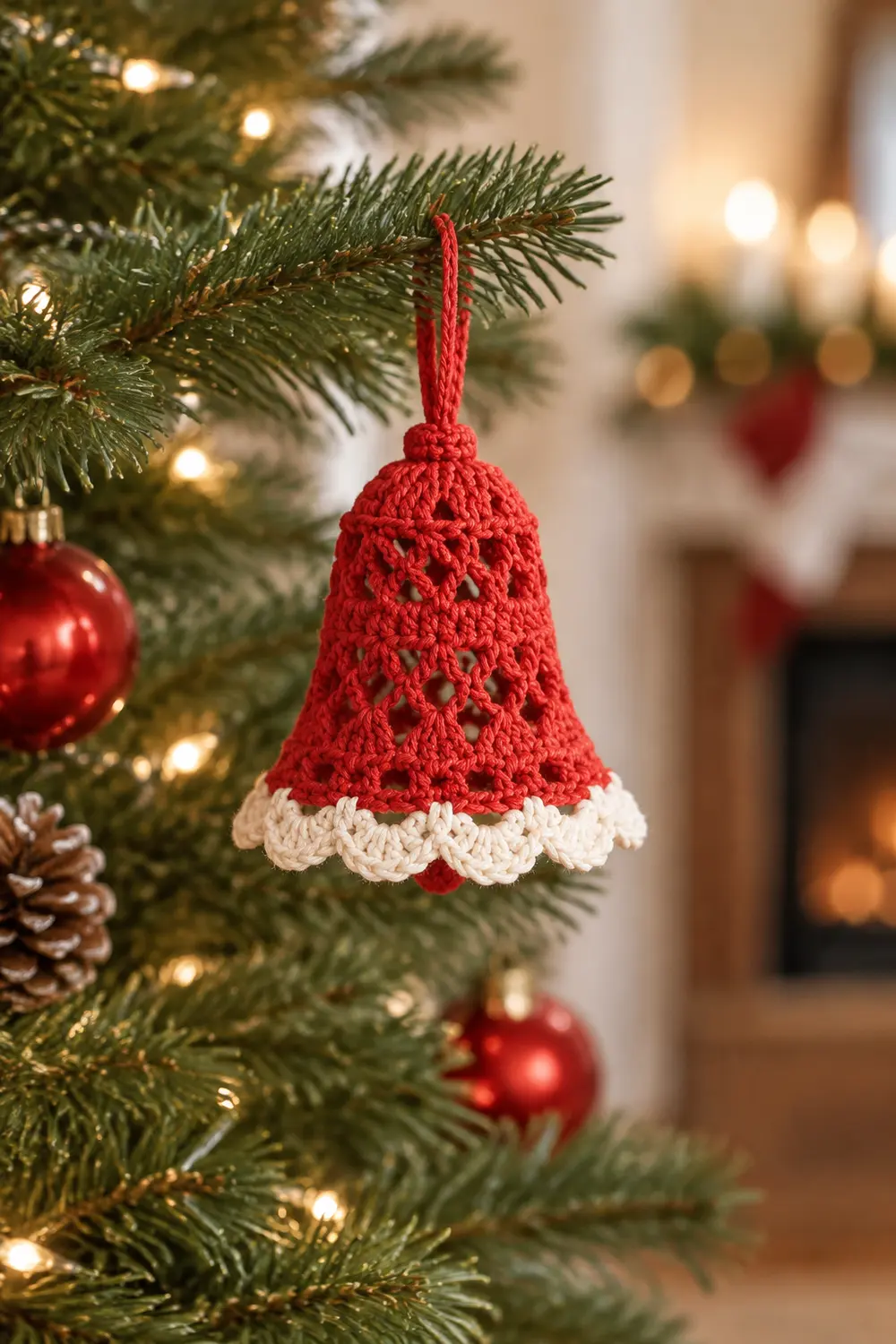 A red and white crocheted bell ornament hangs from an evergreen branch on a decorated Christmas tree with lights.