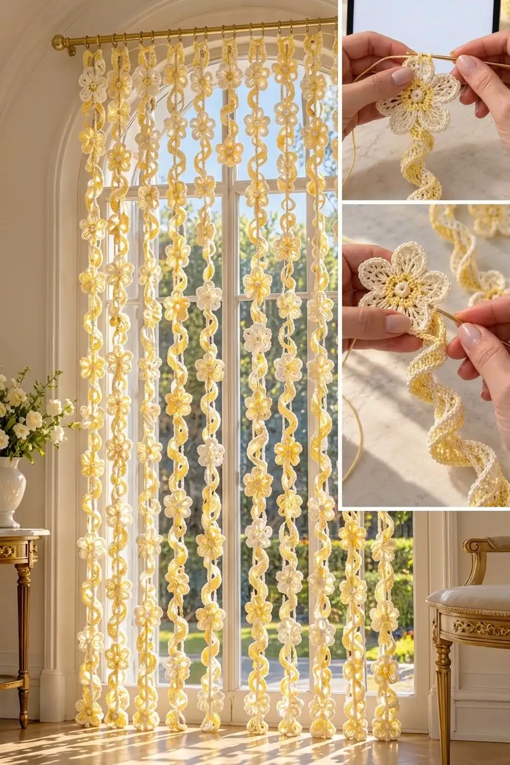 Yellow and cream crocheted flower curtain panels with twisted vine details hanging from a brass rod at a bright window.