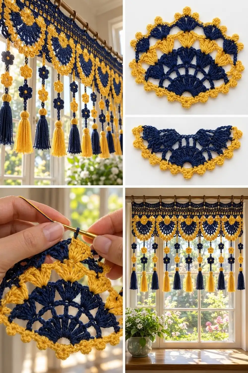 Navy and gold crocheted window valance with tassel fringe displayed above a sunny windowsill with flowers.