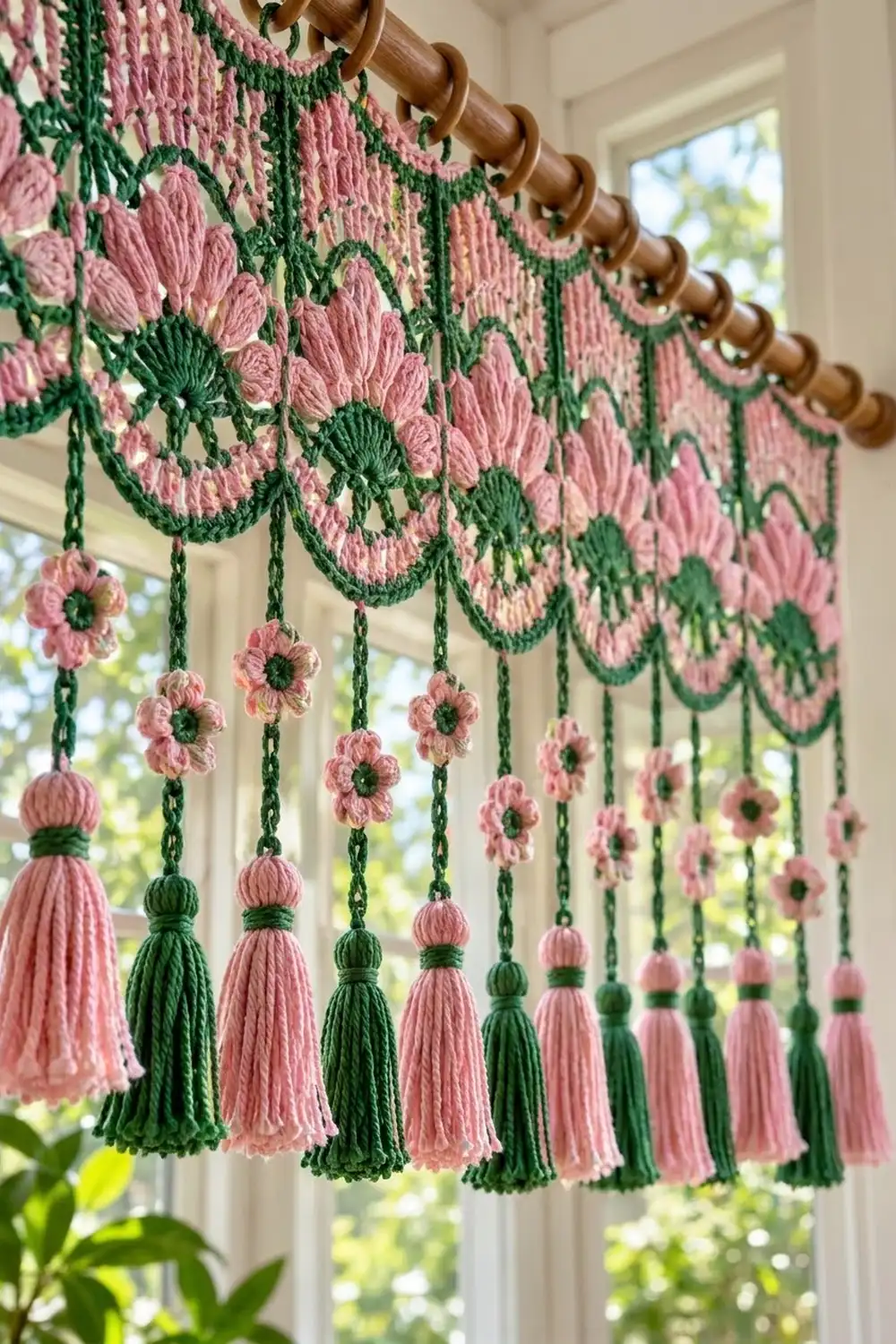 Crocheted plant hanger with pink and green flower design and cascading tassels hangs in a sunny window.
