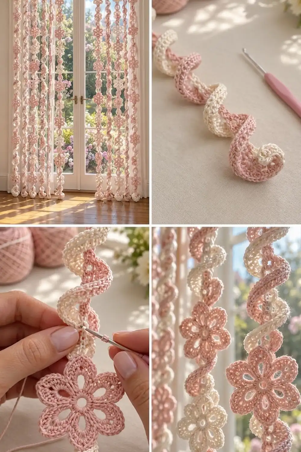 Delicate crocheted flower garlands in blush pink and cream hang at sunlit French doors overlooking a green garden.