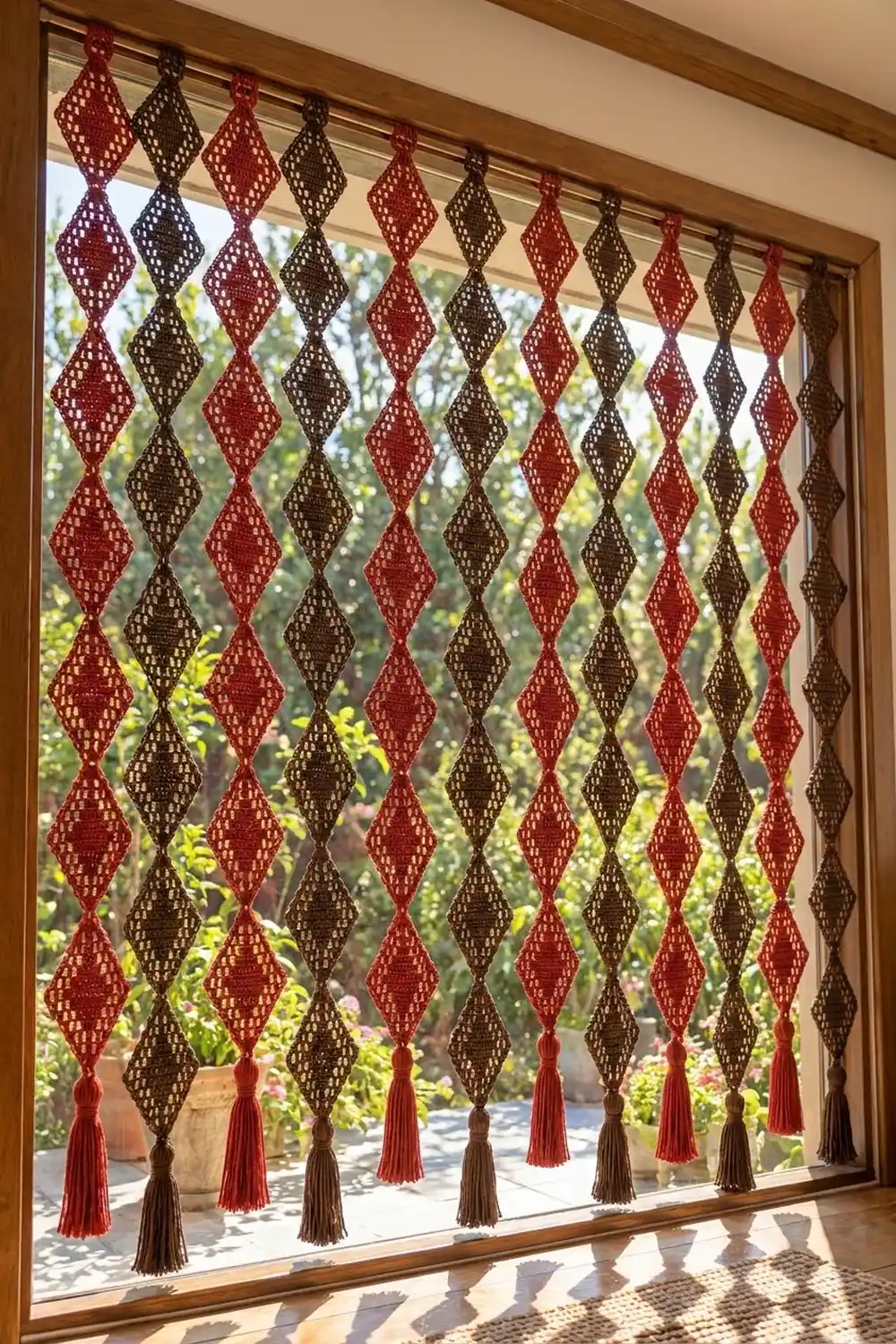 Red and brown crocheted diamond-patterned hanging with tassels draped across a sunny window overlooking green foliage.