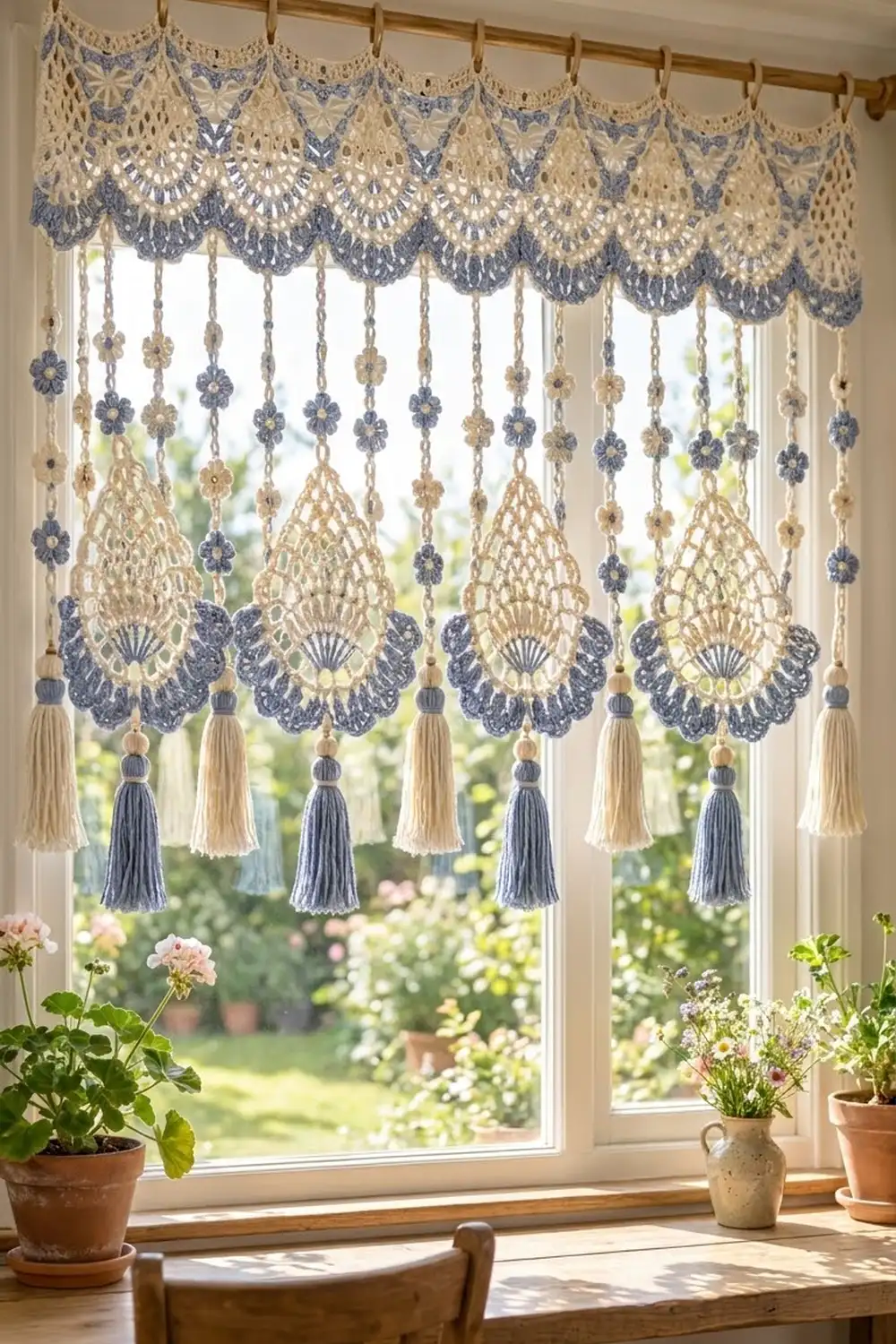 Cream and blue crocheted window valance with hanging tassels displayed on a sunny windowsill with potted flowers and garden view.