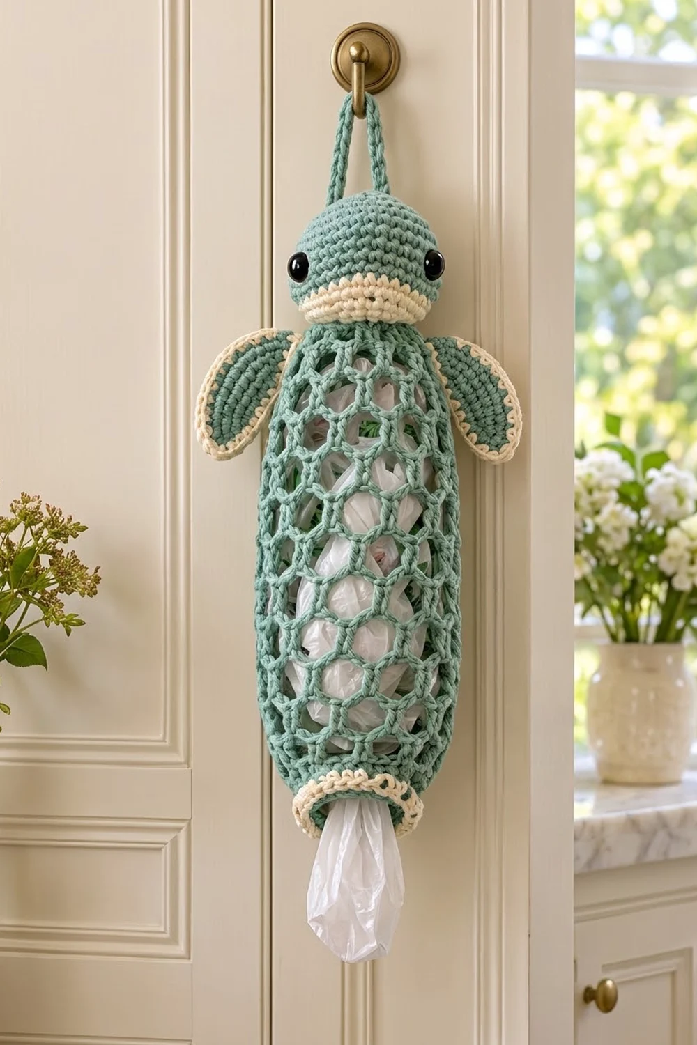 A crocheted sage-green and cream shark-shaped plastic bag dispenser hanging on a white paneled door in a bright, modern home.