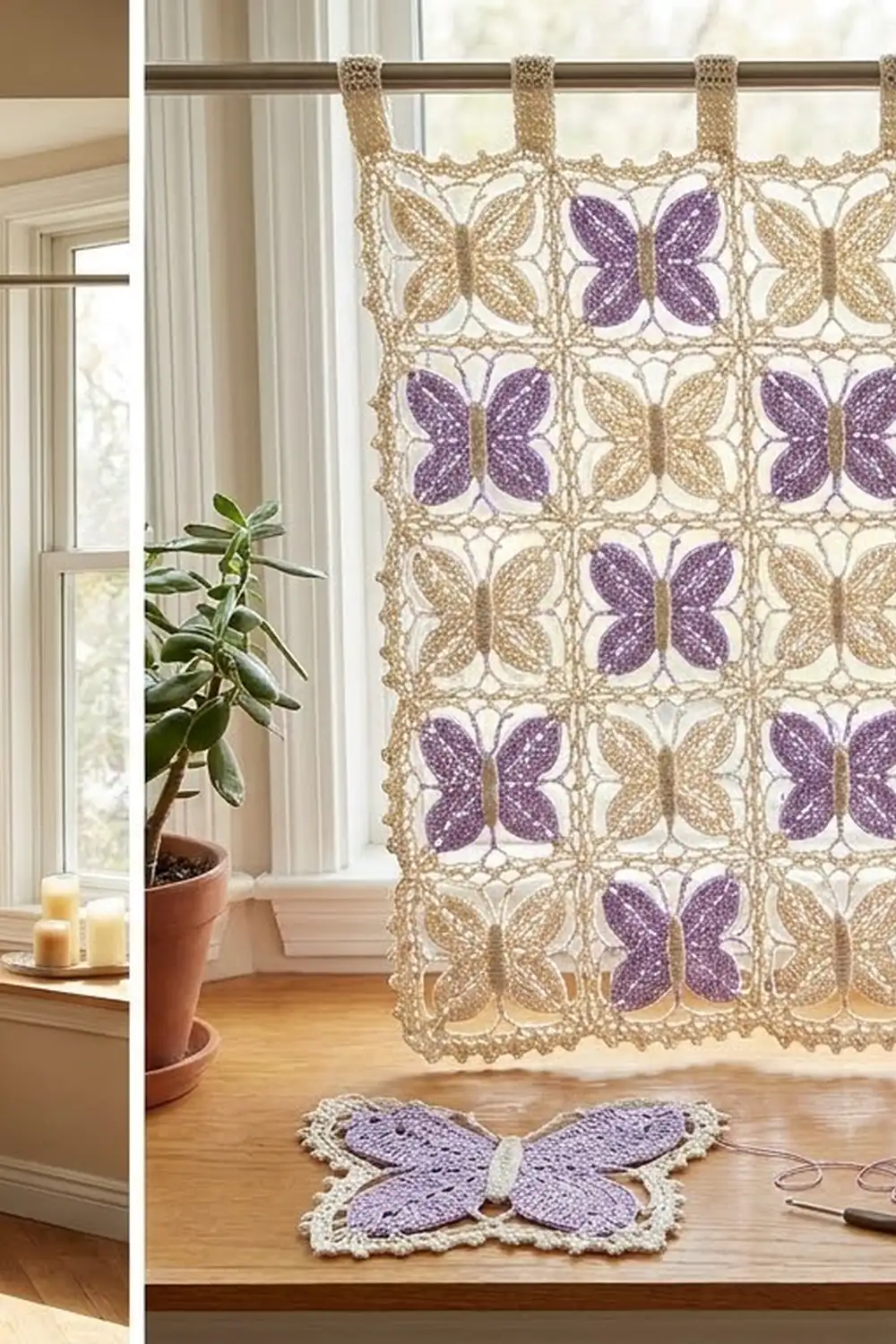 Crocheted butterfly window hanging with alternating purple and tan patterns displayed in a bright, sunlit modern interior.