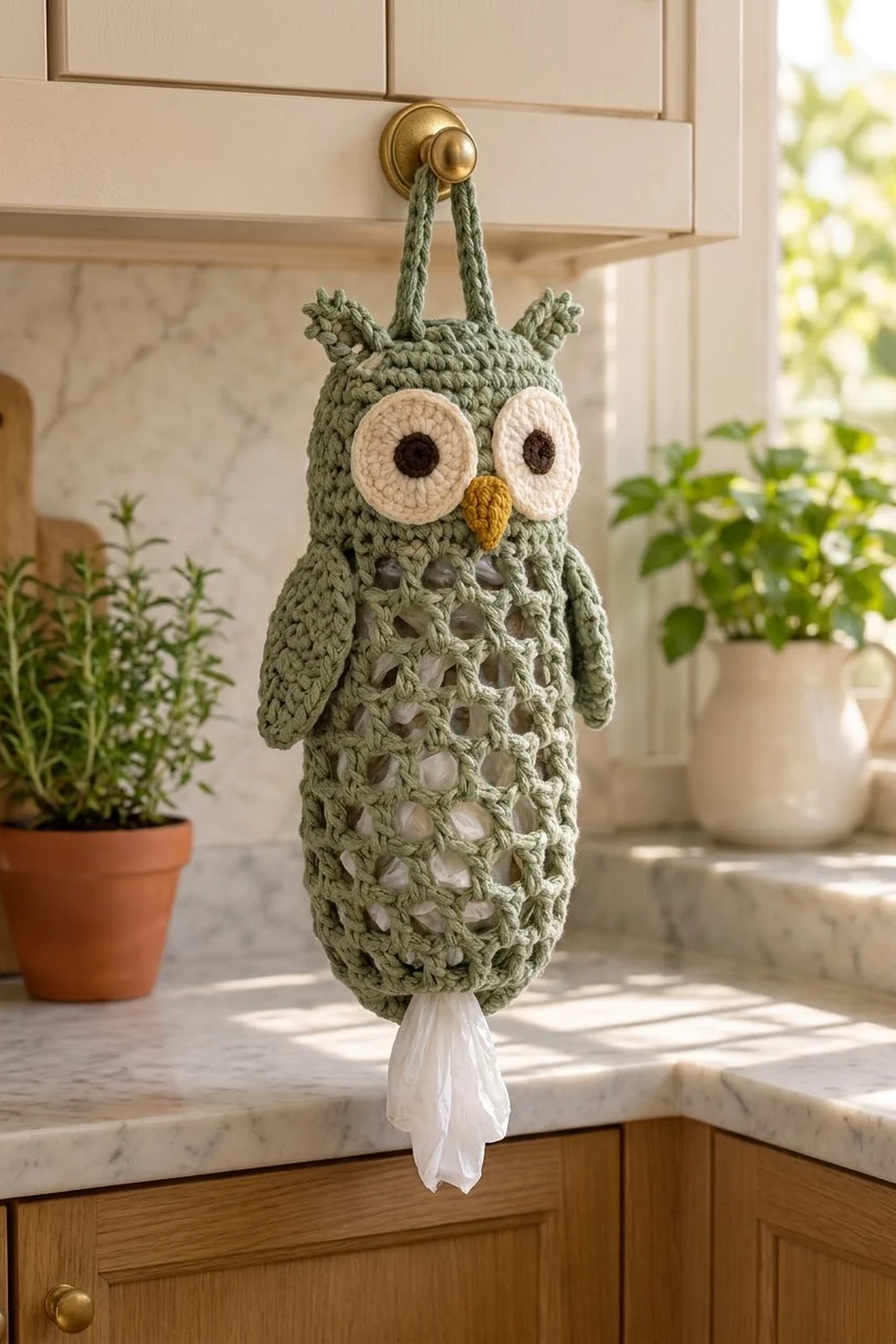 Sage green crocheted owl with cream eyes and golden beak hanging from a brass knob in a sunny kitchen.